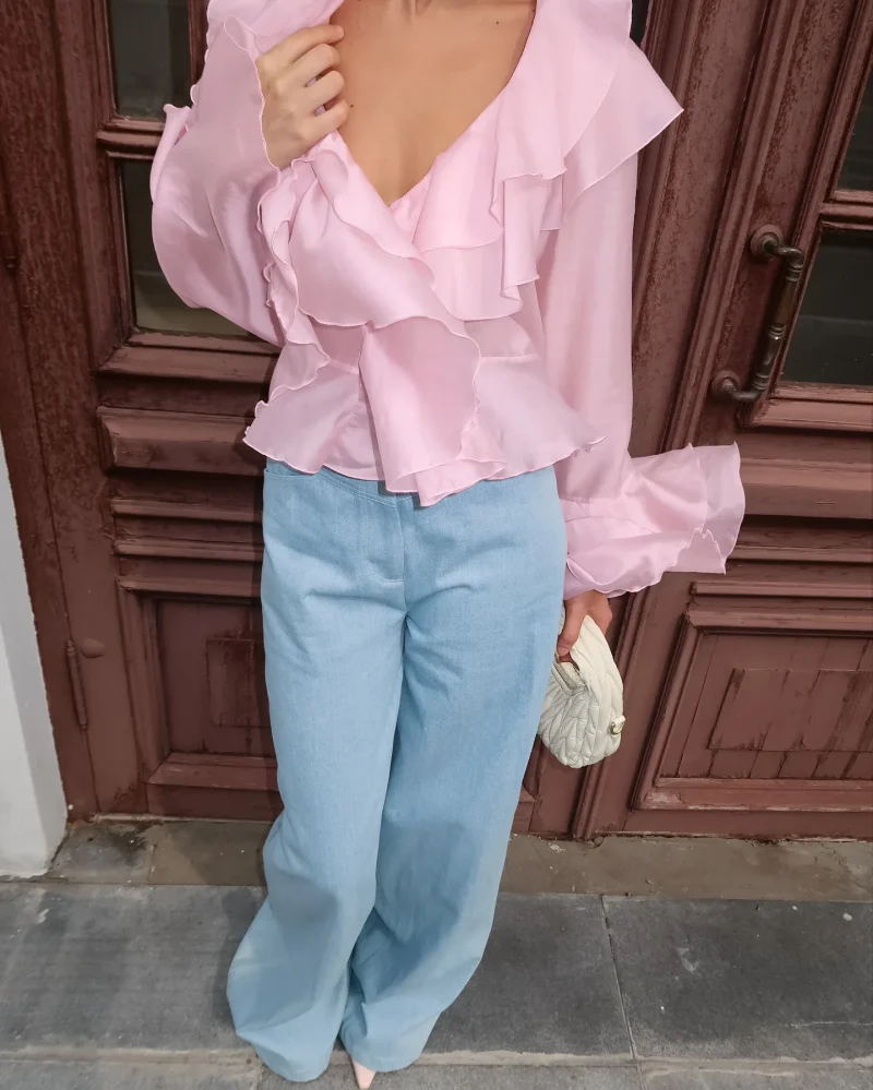 Sweet Pink Ruffle Blouse V-Neck Long Sleeve Shirt - Image 2