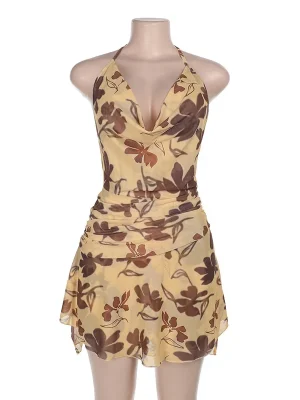 Printed Halter Backless Mini Dress