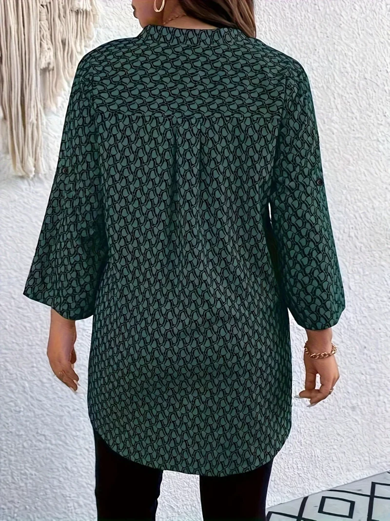 Printed Roll Tab Sleeve Blouse Plus Size Style - Image 3