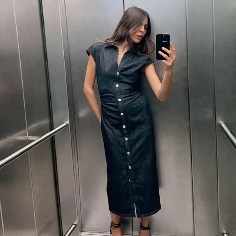 Denim Bodycon Long Dress V-Neck Short Sleeve Chic Style - Image 3