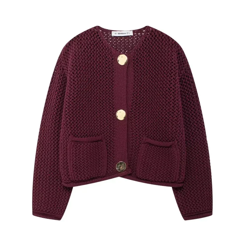 Wine Red Knit Cardigan Sweater for Women - Image 4