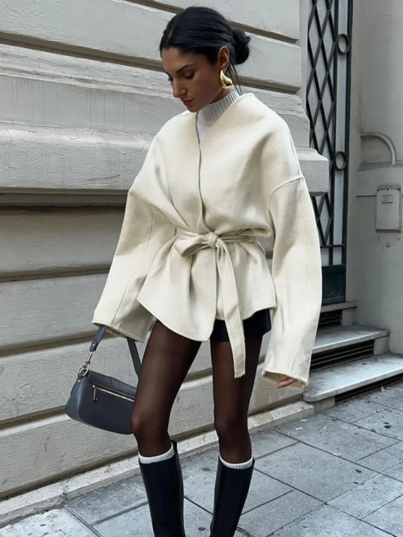 Elegant Lace Up V-Neck Coat Long Sleeve Autumn Jacket - Image 2