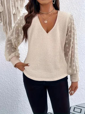 Plus Size Ruched Top with Sheer Dot Sleeves