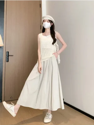 Spring Summer Pleated Midi Skirt Women