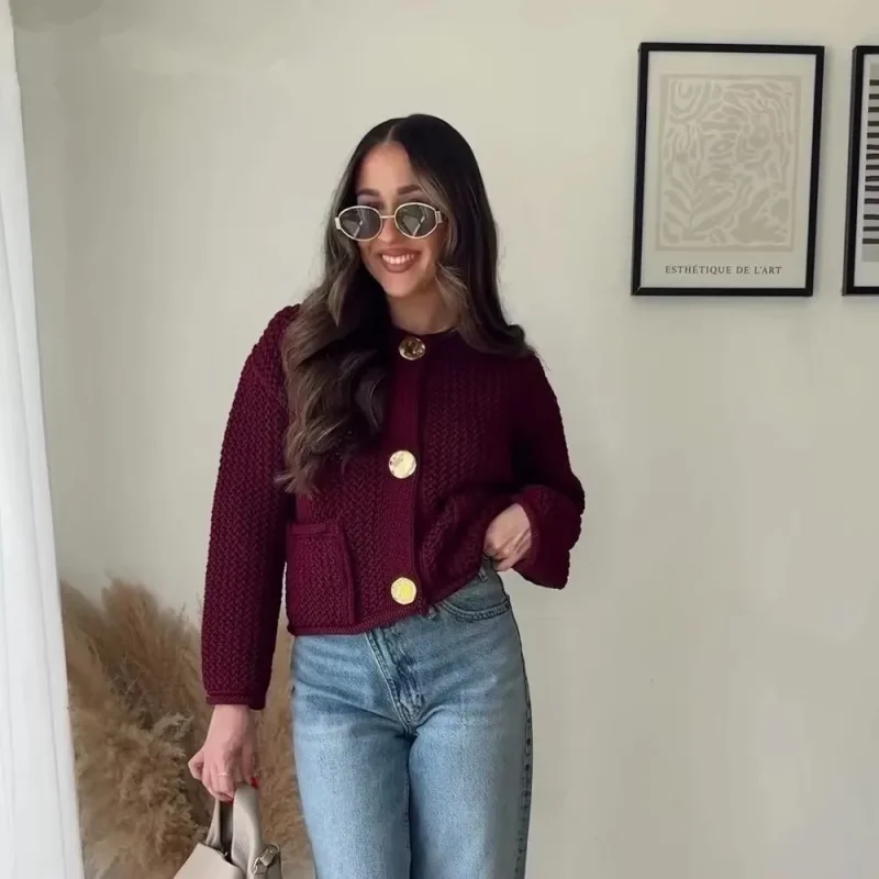 Wine Red Knit Cardigan Sweater for Women - Image 2