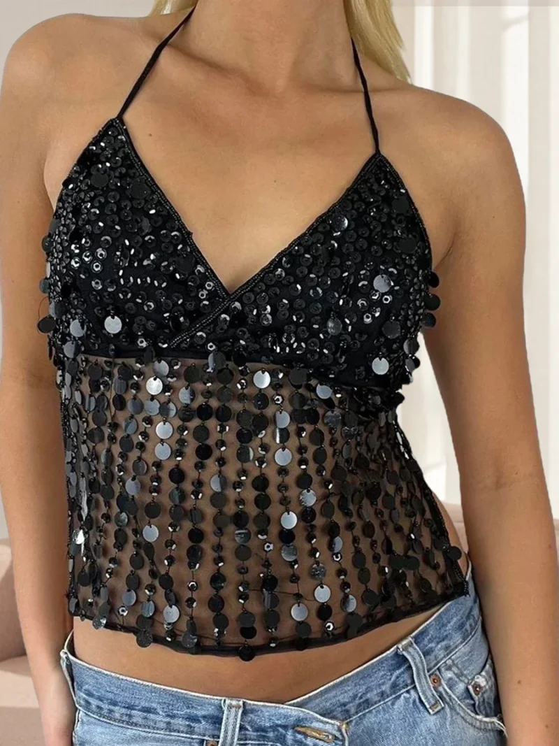 Halter Neck Sequin Tank Top Sleeveless Tie Up Slim Fit