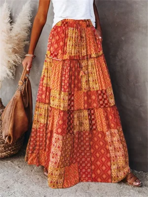 Boho Print Long Skirt High Waist Tiered A-Line with Pockets