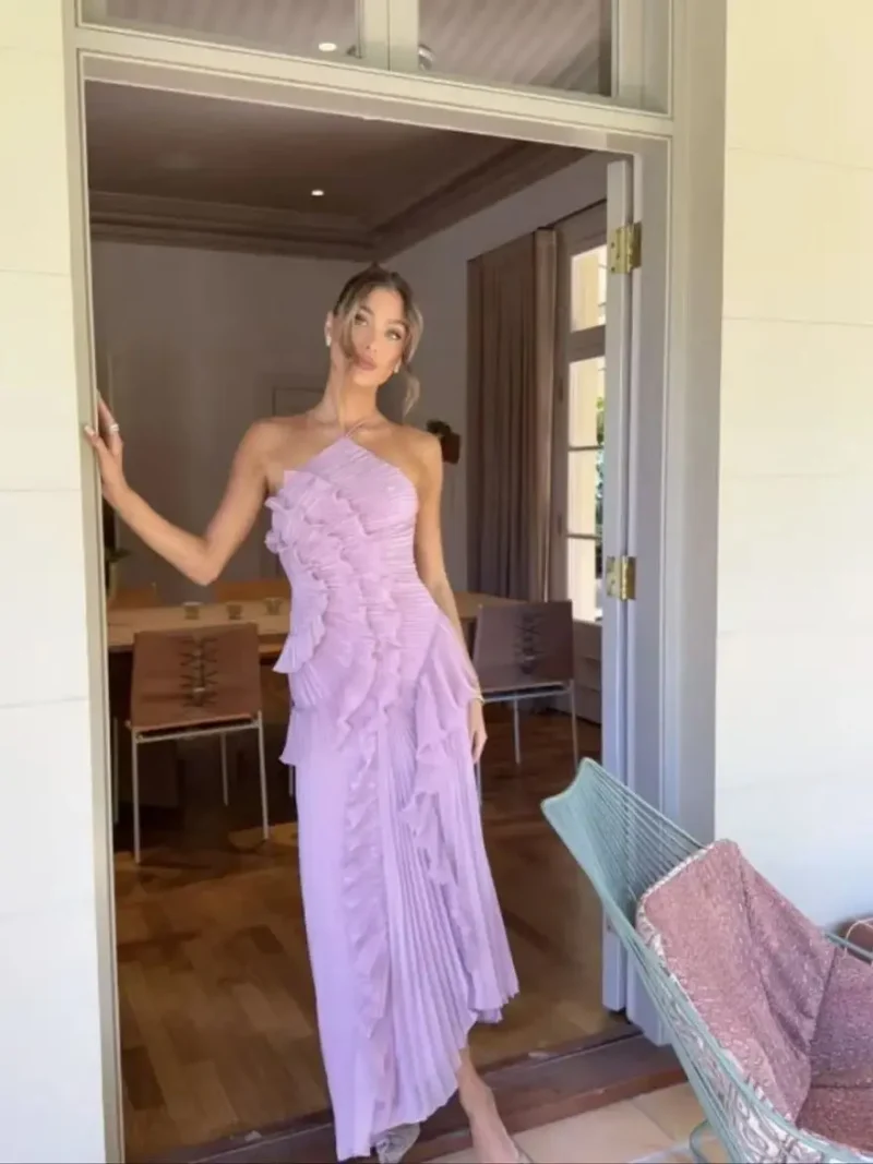 Chic Pleated Halter Maxi Dress Strapless Backless Ruffle Gown - Image 4