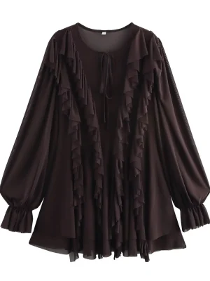 Brown Ruffle Mesh Mini Dress