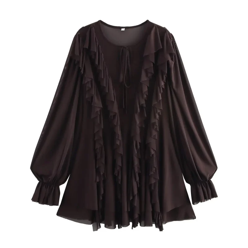 Brown Ruffle Mesh Mini Dress