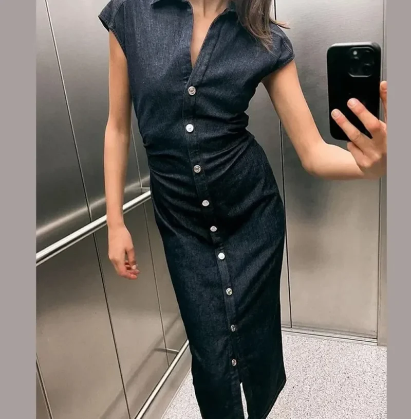 Denim Bodycon Long Dress V-Neck Short Sleeve Chic Style - Image 2