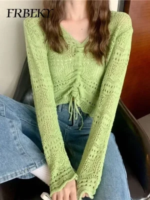 Summer Autumn Hollow Knit V-Neck Sweater