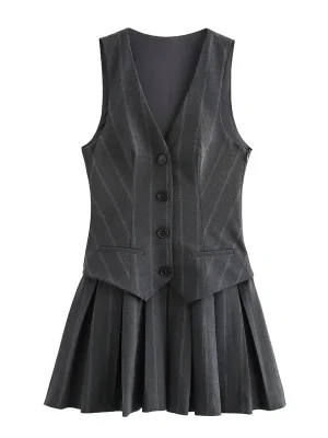 Striped V-Neck Pleated Mini Dress Sleeveless Office Style