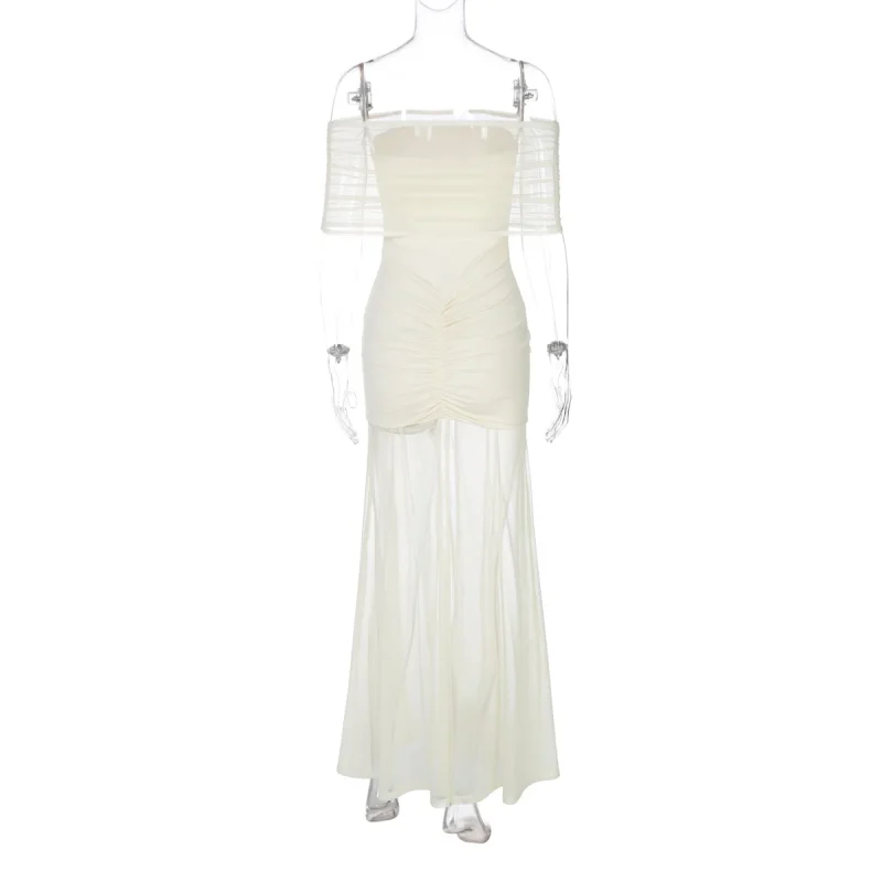 Strapless Mesh Patchwork Maxi Dress Backless Ruched Style - Image 6