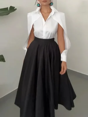 Women’s Elegant Hollow Out Shirt and Black Dress Set