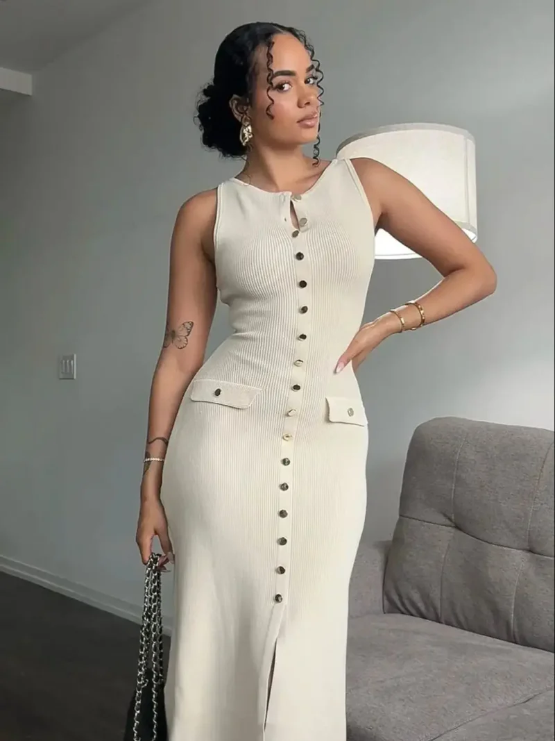 sleeveless Knitted Long Dress O-Neck Slim Fit - Image 2