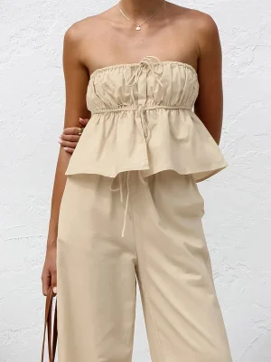 Cotton Linen Pant Set Strapless Top with Wide Leg Trousers