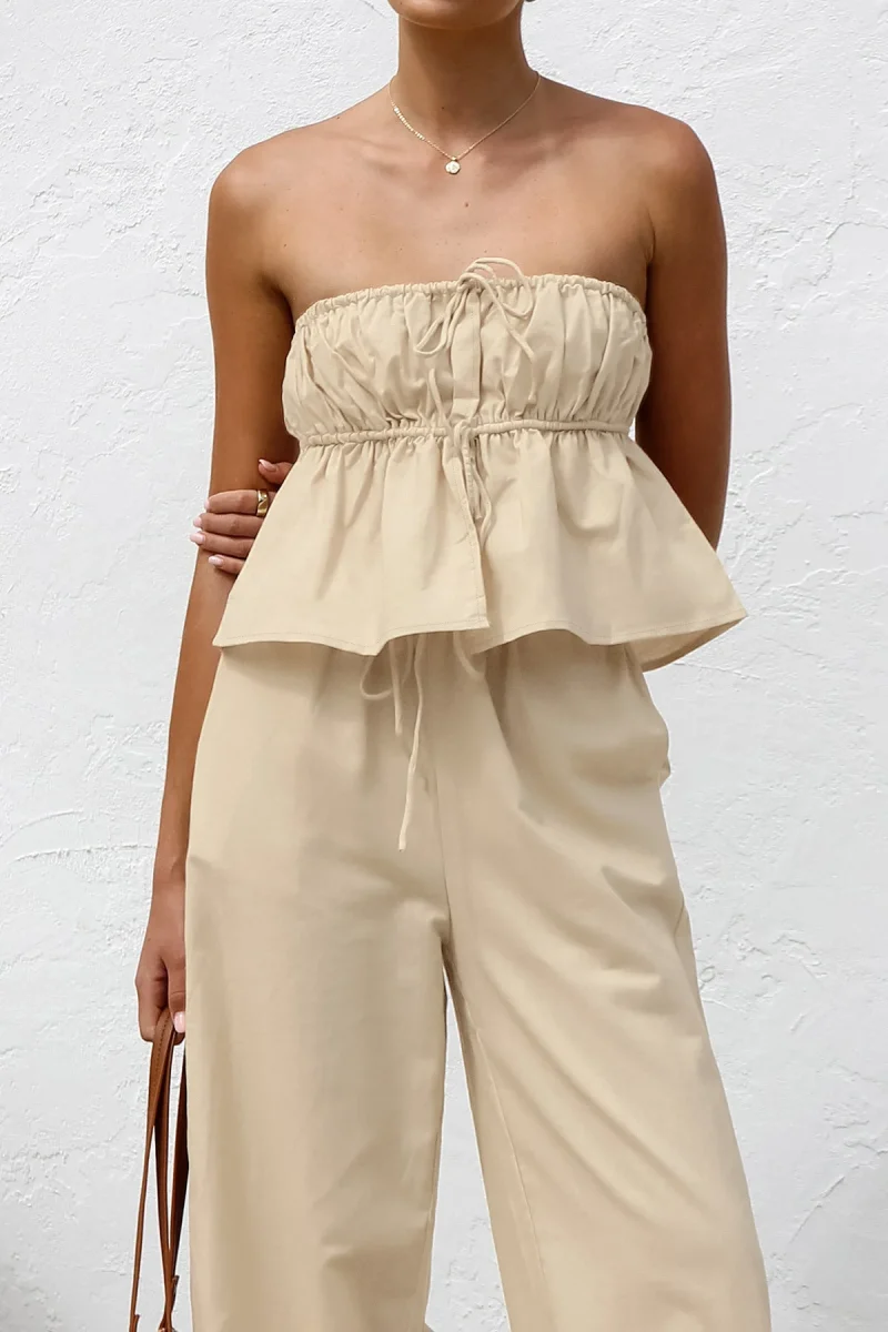 Cotton Linen Pant Set Strapless Top with Wide Leg Trousers