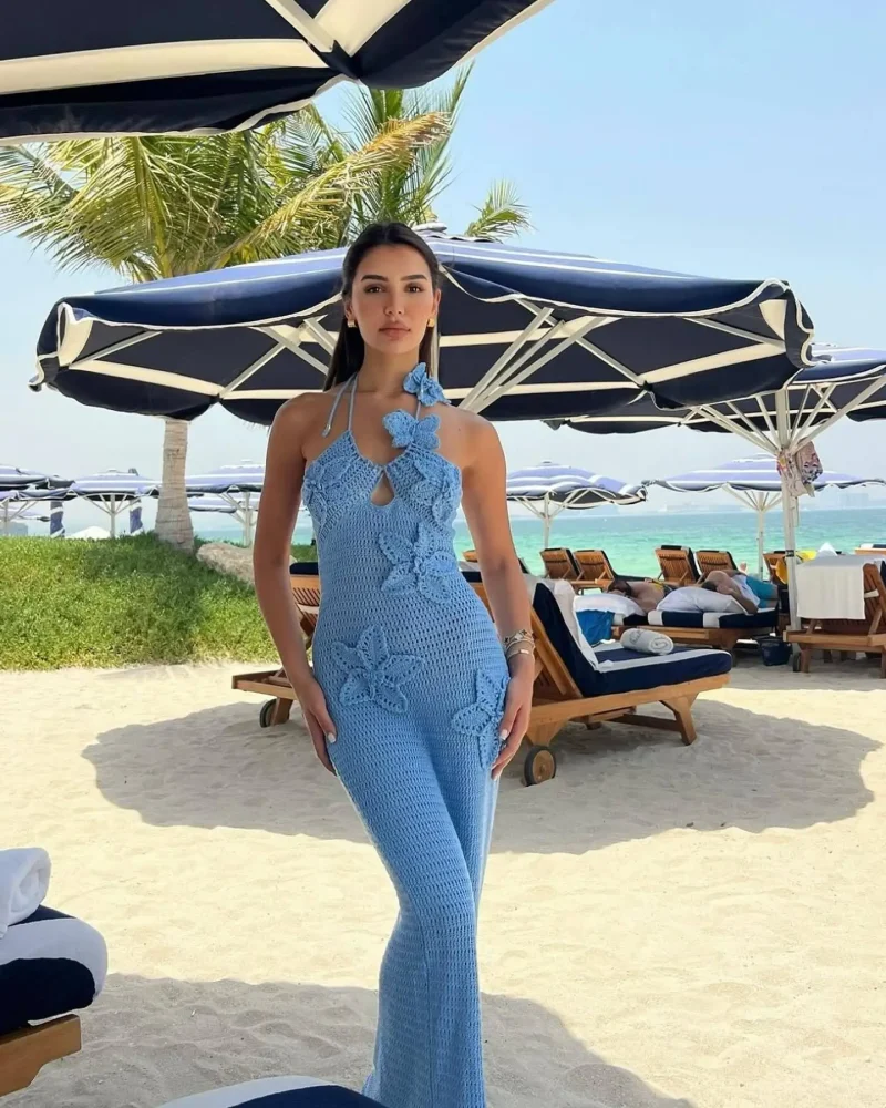 3D Flower Knit Halter Dress Sexy Sleeveless Beach Maxi - Image 5