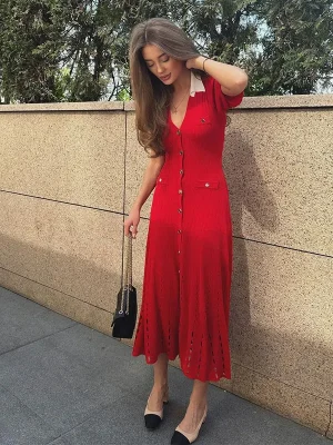 Women’s Elegant Knitted Dress with Lapel and Buttons