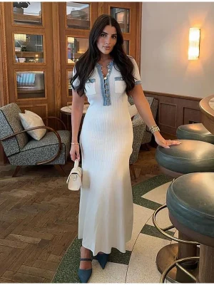 Elegant Denim Patchwork Knit Dress Women