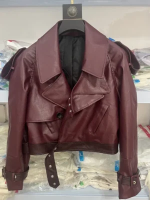 Women’s PU Leather Crop Coat with Belt and Zipper