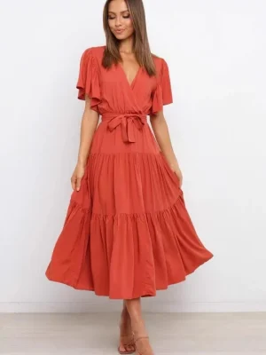 V-Neck Printed Waist Tie Maxi Dress
