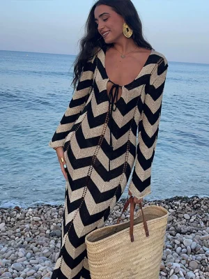 Women’s Striped Knitted Maxi Dress with Lace Up V-Neck