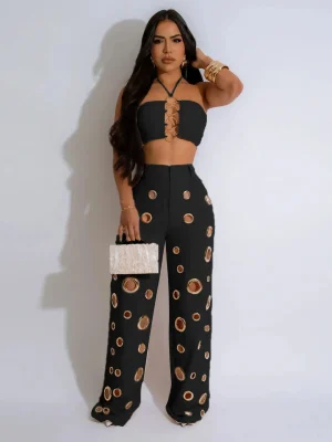 Women’s Sexy Halter Crop Set with Hollow Pants