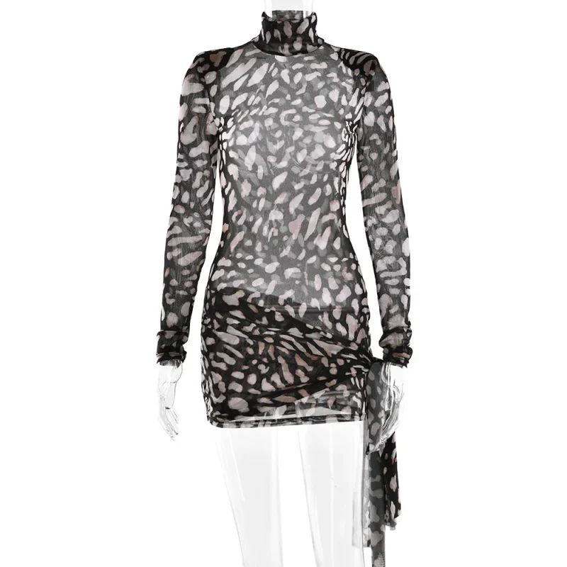 Leopard Print Sheer Bandage Dress Women