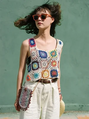 Flower Crochet Knit Vest Hollow Out Crop Top