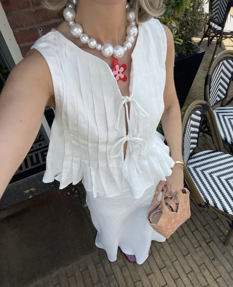 Women’s Summer Bow Tie Cotton Linen Blouse - Image 3