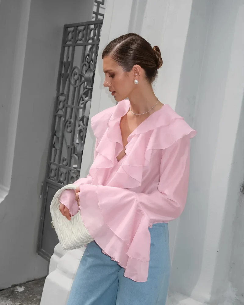 Sweet Pink Ruffle Blouse V-Neck Long Sleeve Shirt - Image 4