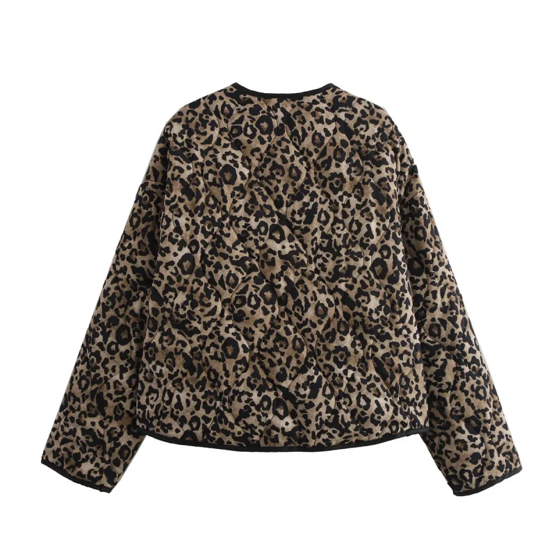 Leopard Print Cotton Coat O-Neck Long Sleeve Fall Jacket - Image 5