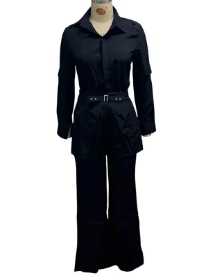 Women’s Two Piece Set Office Casual Buckle Top and Pants
