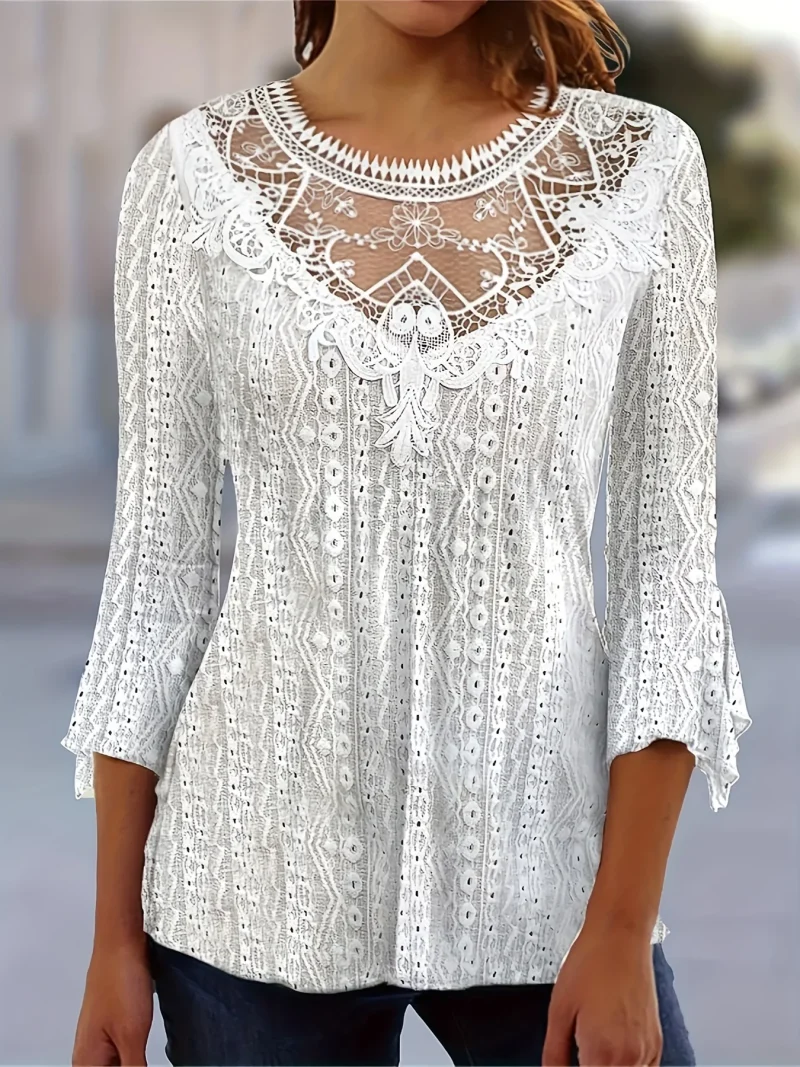 Casual Solid Tee Plus Size with Embroidered Lace - Image 2