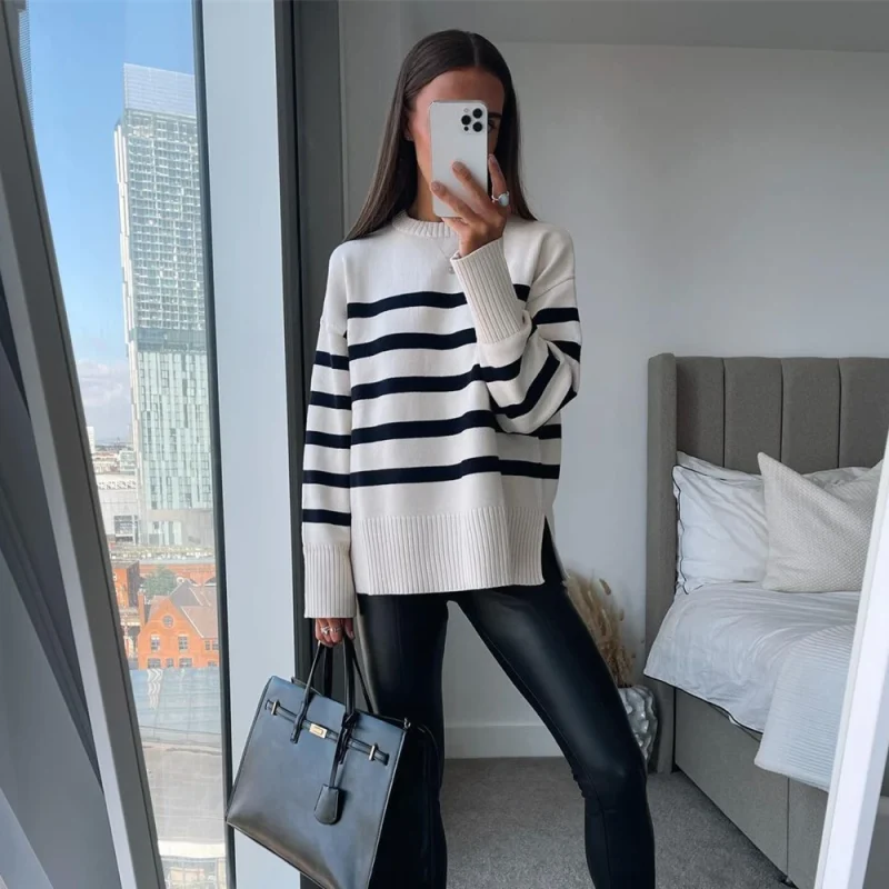 Women’s Oversized Striped Knit Pullover Sweater - Image 2