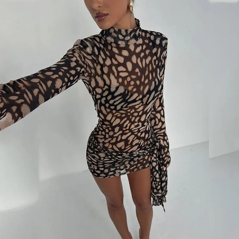 Leopard Print Sheer Bandage Dress Women - Image 5