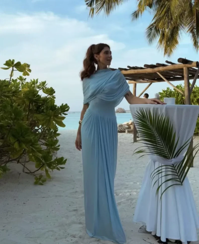 Blue Pleated Shawl Long Dress Elegant Slim Fit - Image 2