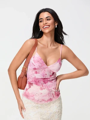 Floral Mesh Cami Top V Neck Spaghetti Strap