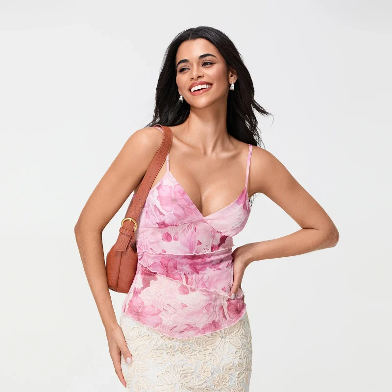 Floral Mesh Cami Top V Neck Spaghetti Strap