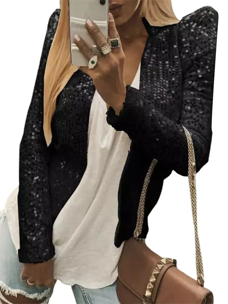 Sequin Open Front Jacket Long Sleeve Party Coat - Image 3