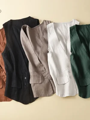 Women’s Vintage Cotton Linen V-Neck Vest