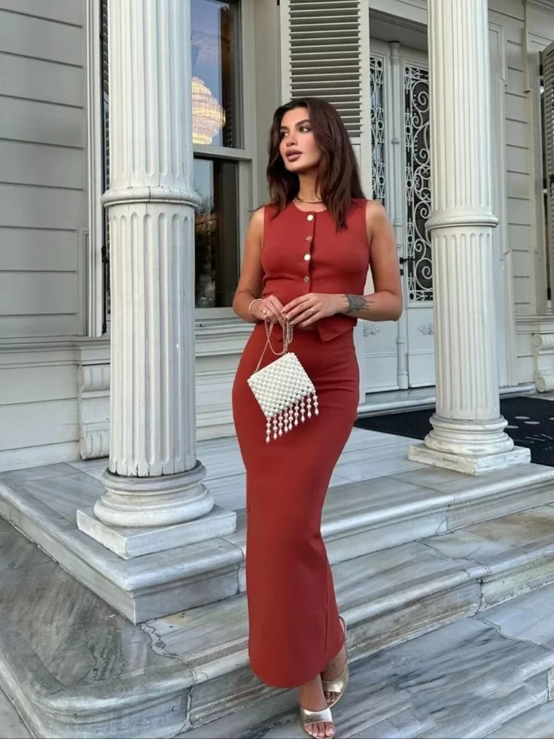 Chic Knitted Skirt Set Sweater Vest and Long Skirt - Image 4