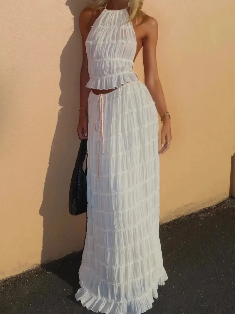 Halter Neck Skirt Set Backless Lace Up Top and Maxi Skirt - Image 2