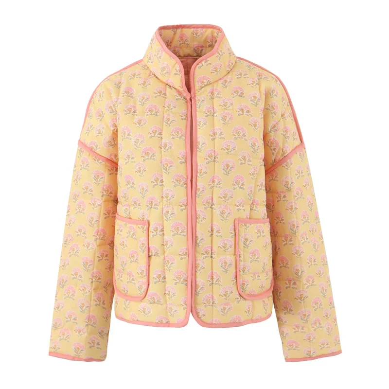 Printed Quilted Cotton Jacket High Neck Loose Fit Coat