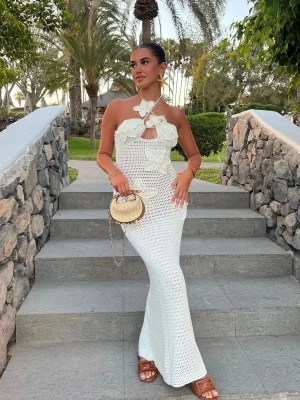 3D Flower Knit Halter Dress Sexy Sleeveless Beach Maxi