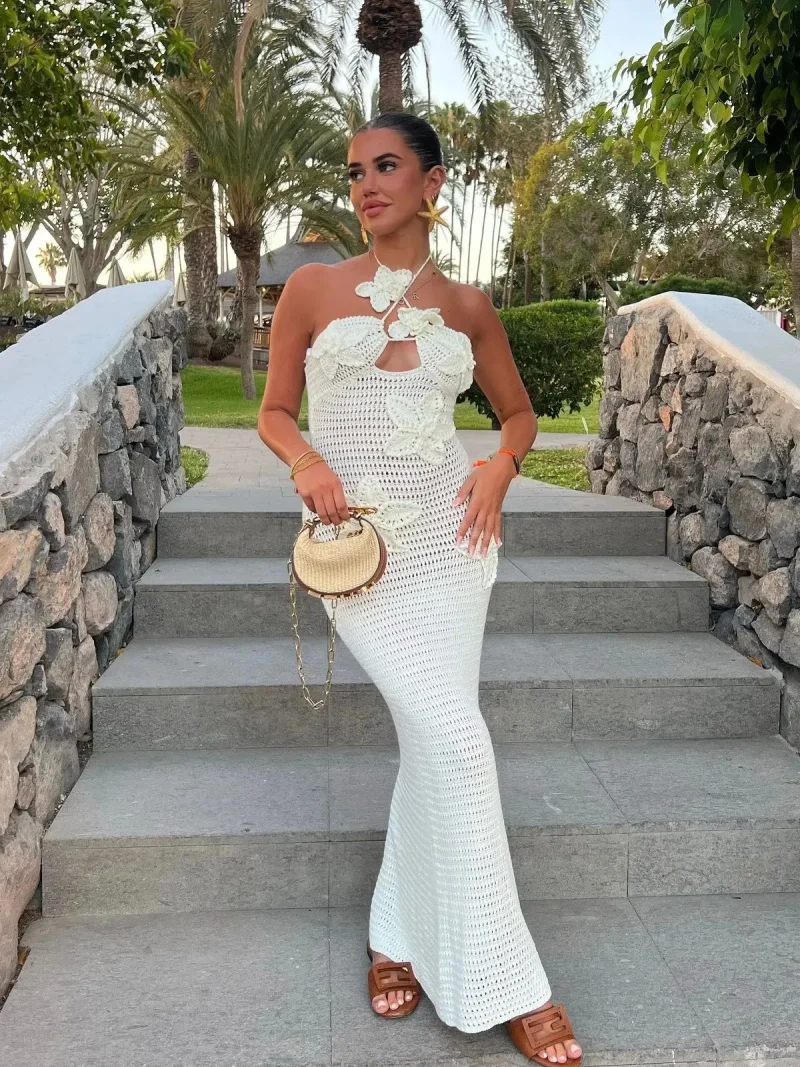 3D Flower Knit Halter Dress Sexy Sleeveless Beach Maxi