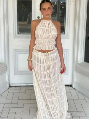 Halter Neck Skirt Set Backless Lace Up Top and Maxi Skirt