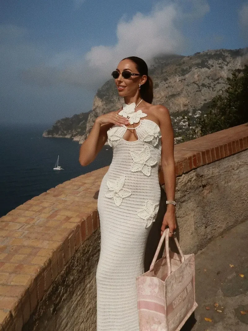 3D Flower Knit Halter Dress Sexy Sleeveless Beach Maxi - Image 2